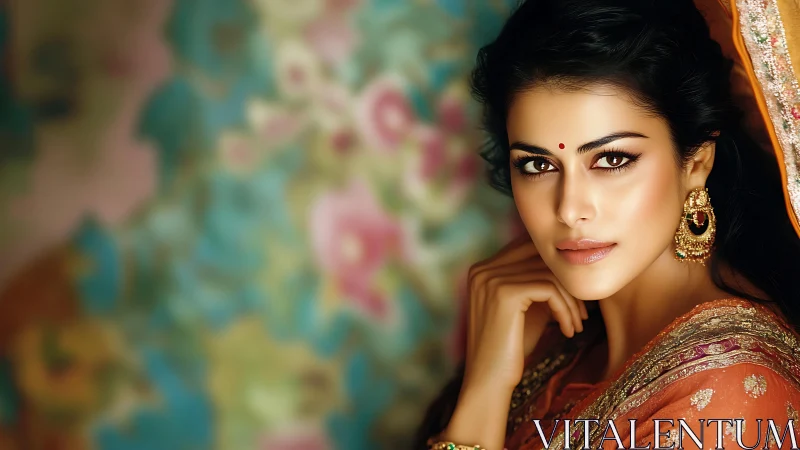 Portrait of woman in traditional attire against blurred floral backdrop