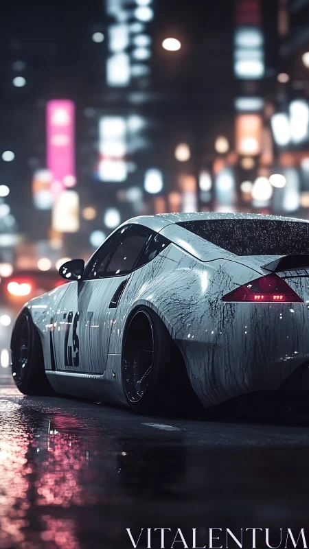 Neon-soaked street racer under moody wet city lights.