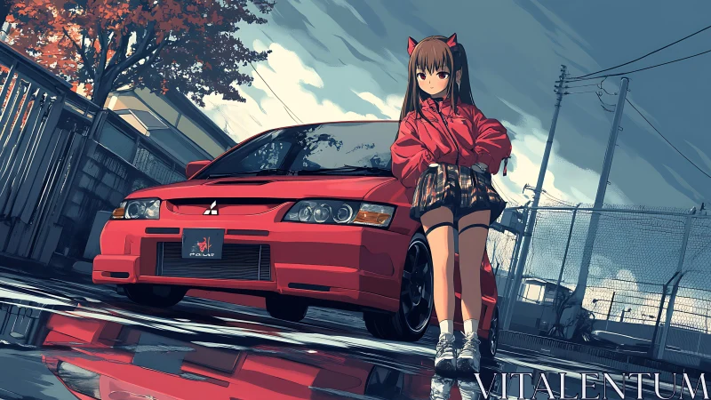 Girl stands beside red sports car on wet urban street