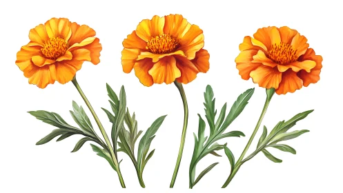 Botanical study of three orange marigold blooms in profile