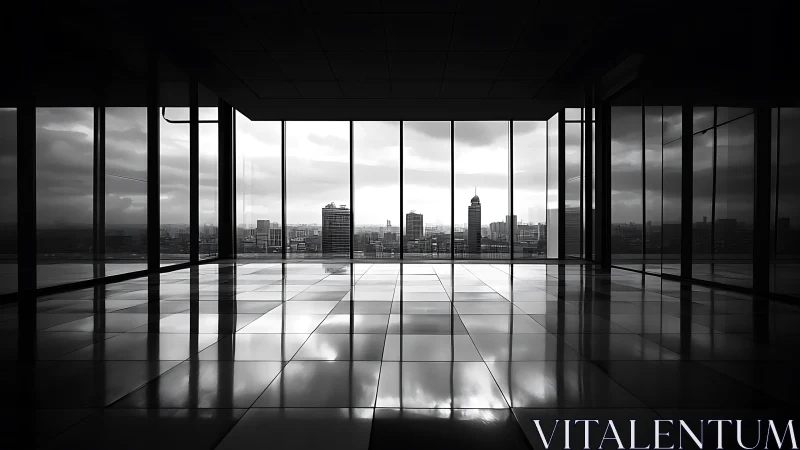 Monochrome high-rise interior frames reflective city skyline