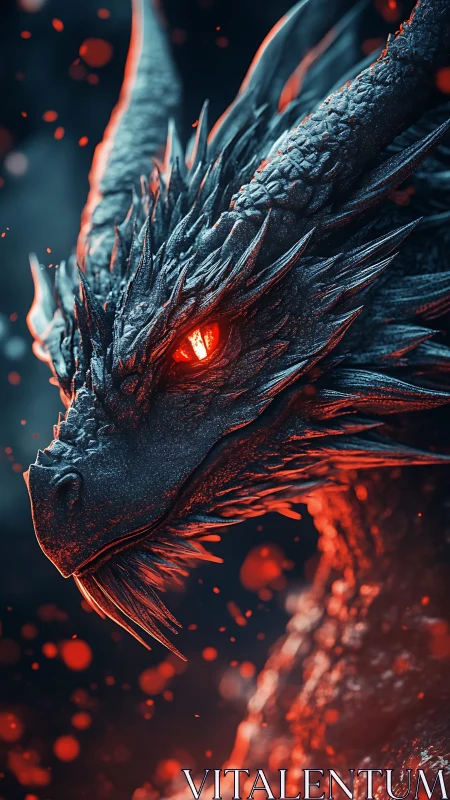 Side profile of horned dragon with ember-like illumination.