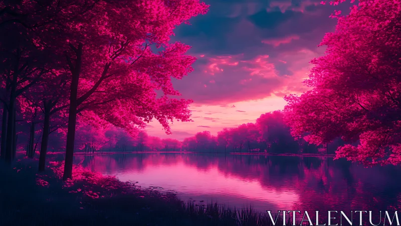 Infrared-style digital landscape depicts lake and trees at dusk