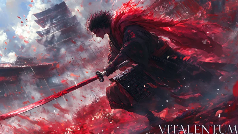 Scarlet samurai lunging through storm of blossoms and blood.