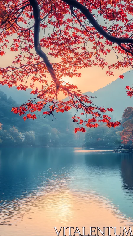Crimson maple canopy cradles a sunrise-silk mountain lake.