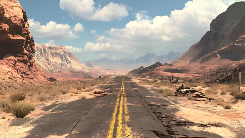 Desert highway stretches through rugged red rock canyons.