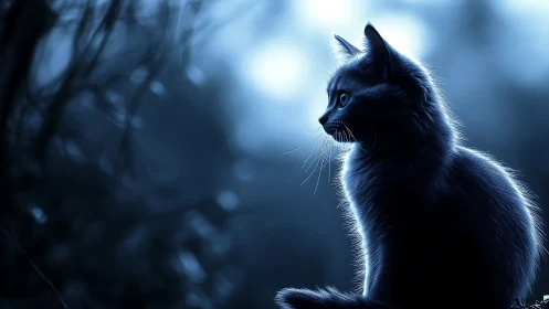 Solitary Black Cat Silhouetted Against Luminous Blue Forest