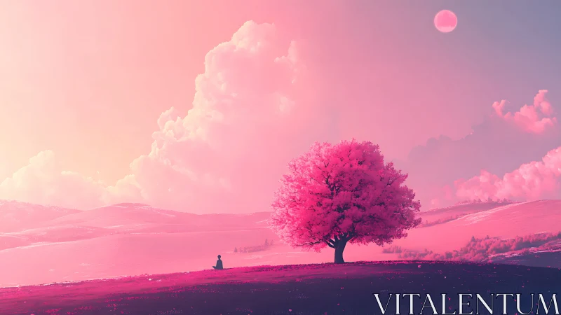 Quiet pink hillside dreams under a lone radiant tree.