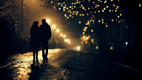 Two figures embrace on wet street under glowing lights.