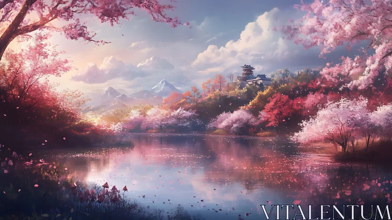 Digital painting of sakura lake with distant mountain temple.