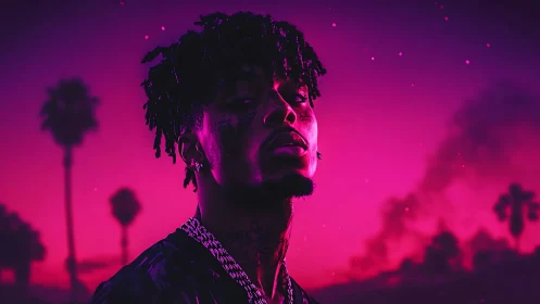 Neon sunset portrait glows with bold urban confidence