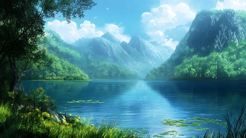 Gentle mountain lake reflects bright skies and quiet dreams