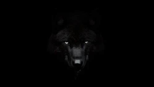 Black wolf face emerges from darkness with piercing eyes.