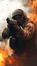 Tactical operator with sidearm framed by combustion plumes.