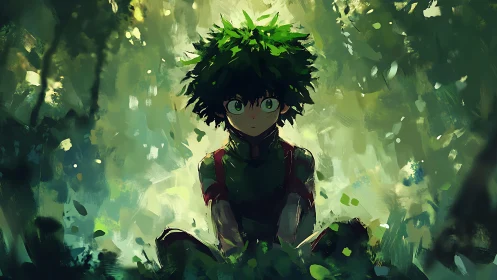 Forest-sparked anime hero resting in painterly green hush.