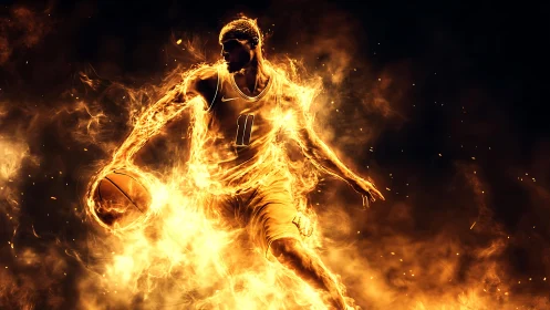 Fiery basketball player silhouette in blazing motion trail.