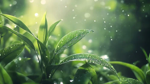 Sunlit green leaves shimmer gently under fresh morning rain