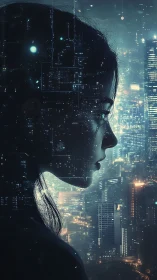 Silhouetted cybernetic woman merged with neon cityscape.