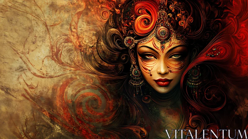 Ember-crowned goddess with swirling baroque flame hair.