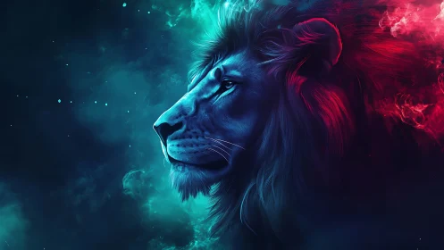 Neon-gradient lion profile in cosmic digital painting composition.