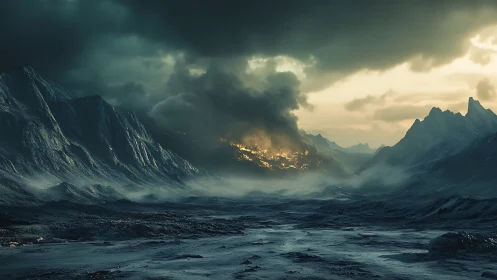 Storm-lit volcanic valley under brooding glacial ridges.