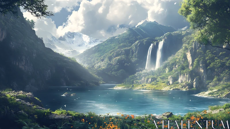 Mountain lake valley with twin waterfalls under clouds.