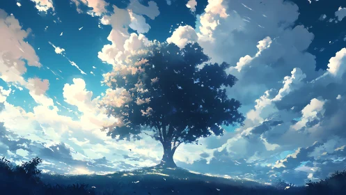 Majestic tree under dreamy sky in vibrant anime art style.