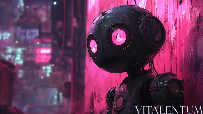 Small black robot in neon pink urban alley environment.