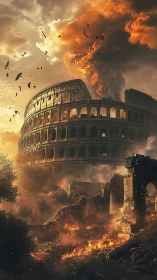 Colosseum engulfed in apocalyptic inferno under volcanic sky