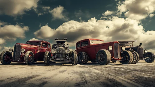 Row of modified vintage hot rods stands on open flat surface