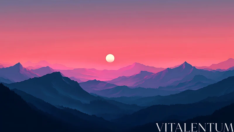 Layered mountain silhouettes under pink gradient sky.