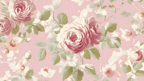 Soft pink roses bloom across vintage floral wallpaper.