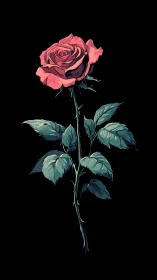 Single red rose stem rendered against deep black background