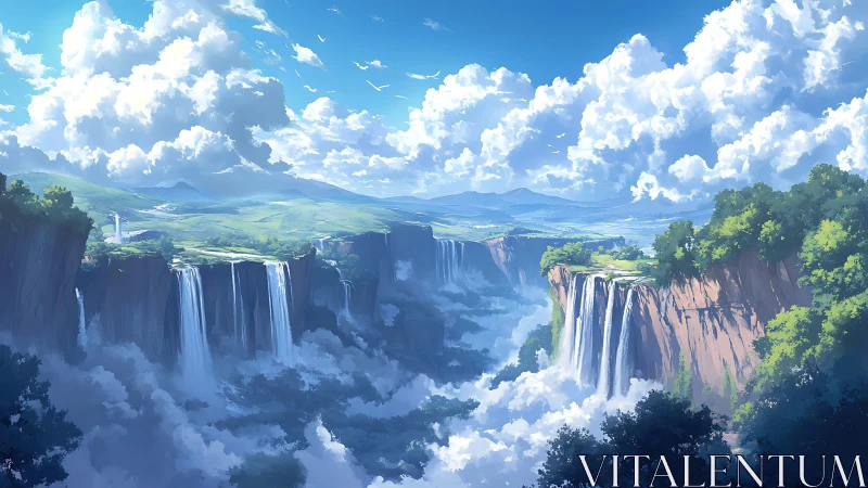 Vast cliff landscape with cascading waterfalls and clouds.