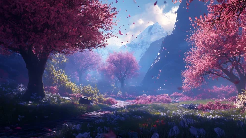 Petal-bright valley beneath snowcrowned guardians of dusk.