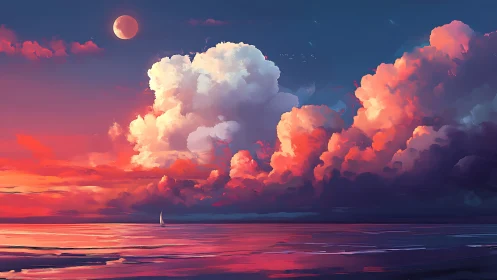 Crimson clouds over tranquil sea beneath rising moon.