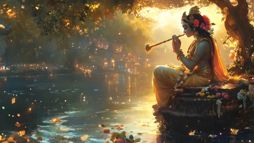 Figure playing flute by riverside under luminous foliage.