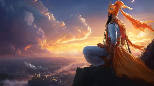 Turbaned figure surveys distant city under dramatic sky