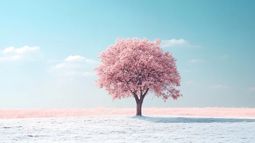 Soft pink blossom tree stands quietly under a pastel sky