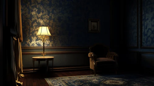 Dimly lit classic interior with armchair and side lamp.