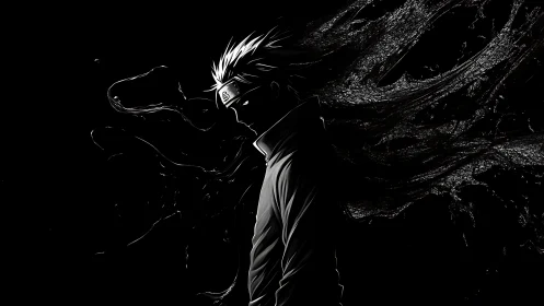 Shadowed ninja stands calm against swirling darkness.