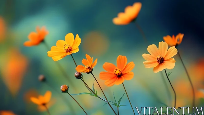 Cosmos flowers bloom in layered golden hues across soft teal background.