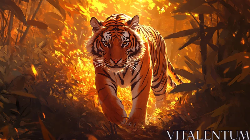 Golden jungle tiger strolling through warm evening light.