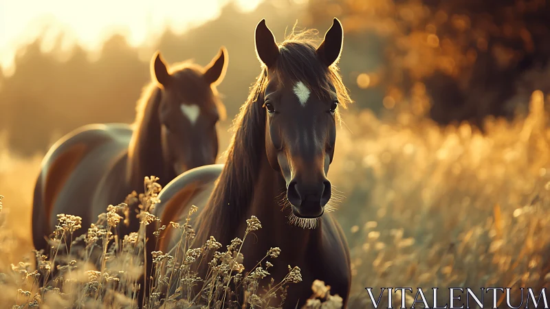 Chestnut horses in golden backlit meadow at sunset.