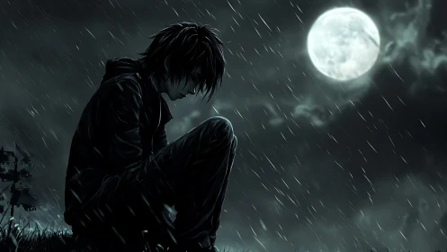 Brooding boy under cold moonlit stormy night rain.