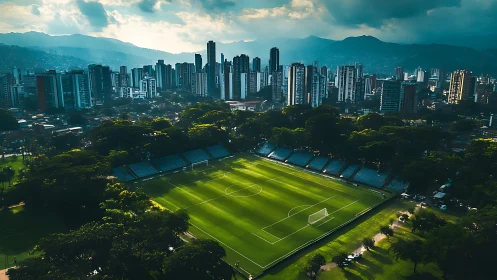 Urban football stadium with surrounding highrise skyline.