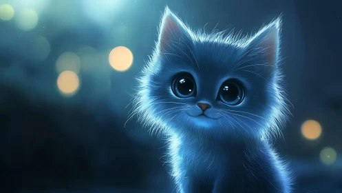 Luminous Blue Kitten Portrait Against Ambient Bokeh.