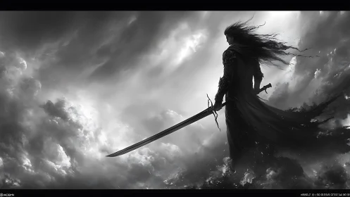 Dark warrior stands over storm clouds holding massive sword