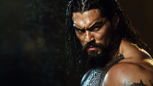 Wet long haired male subject in intense side portrait view.
