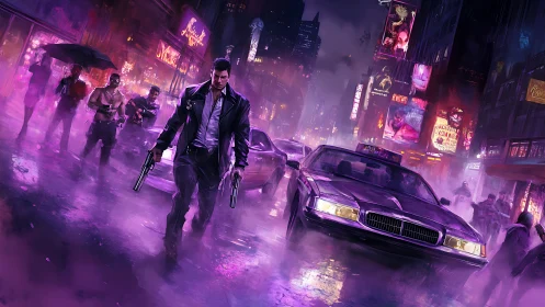 Neon drenched street welcomes a determined hero on the move